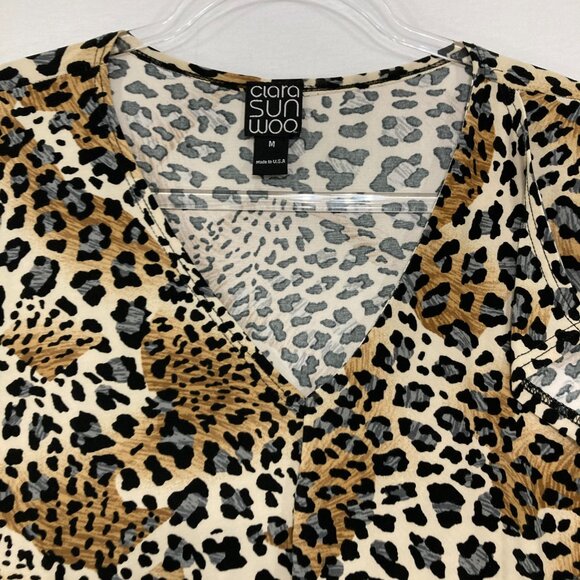 Clara Sun Woo Medium Black Brown Leopard Print Ruffle Detail V neck Stretch Top - Picture 3 of 10